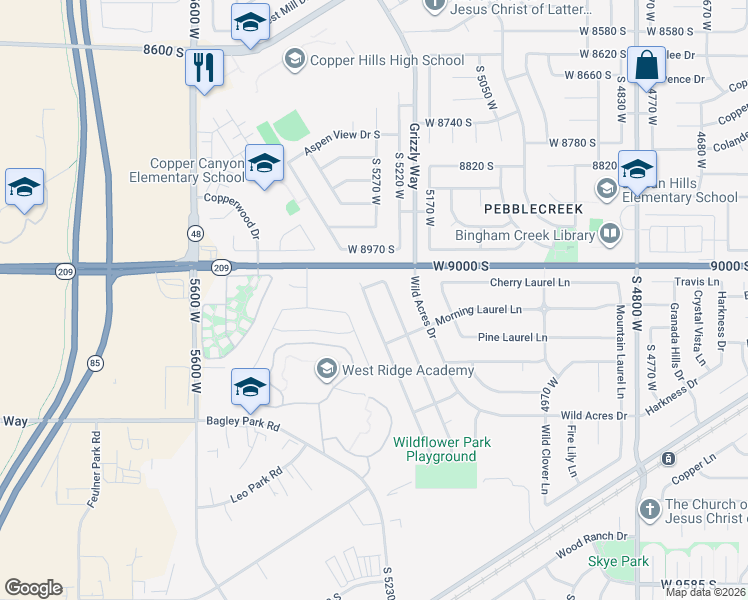map of restaurants, bars, coffee shops, grocery stores, and more near 9067 Wisteria Way in West Jordan