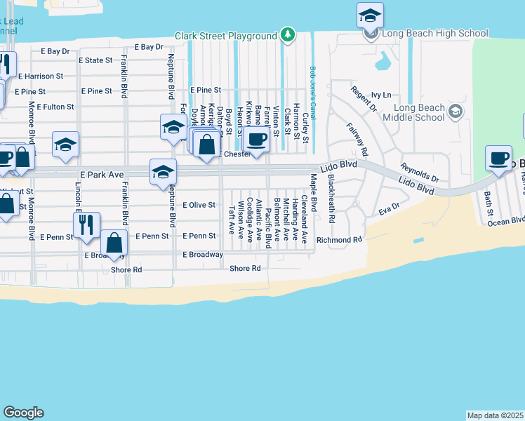 map of restaurants, bars, coffee shops, grocery stores, and more near 137 Pacific Boulevard in Long Beach