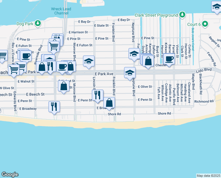 map of restaurants, bars, coffee shops, grocery stores, and more near 255 Franklin Boulevard in Long Beach