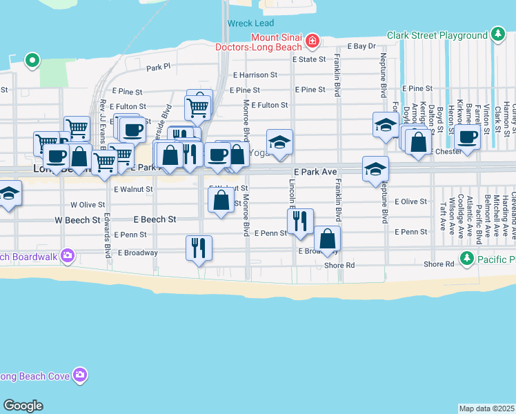map of restaurants, bars, coffee shops, grocery stores, and more near 321 East Olive Street in Long Beach