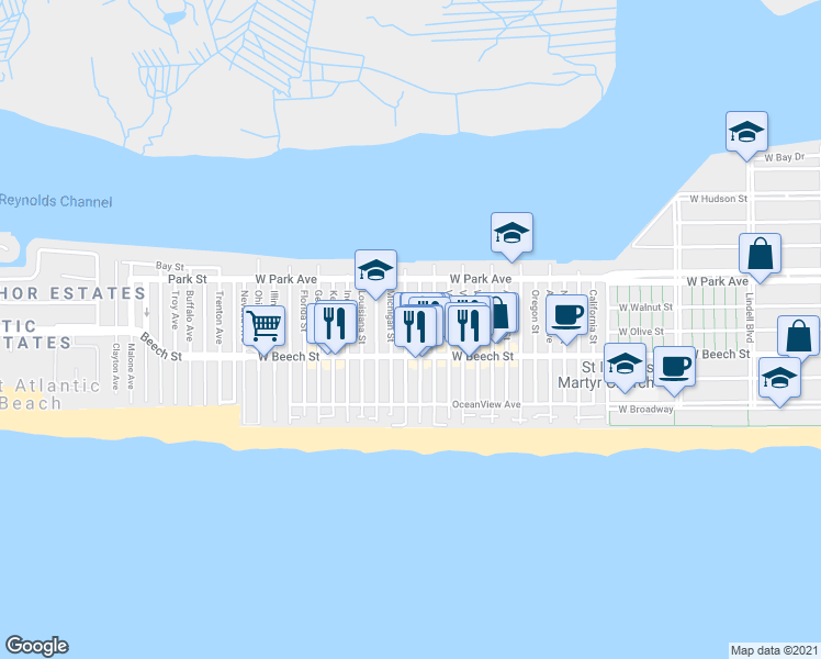 map of restaurants, bars, coffee shops, grocery stores, and more near 75 Minnesota Avenue in Long Beach