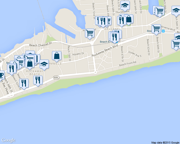 map of restaurants, bars, coffee shops, grocery stores, and more near 1-30 Beach 74th Street in Queens