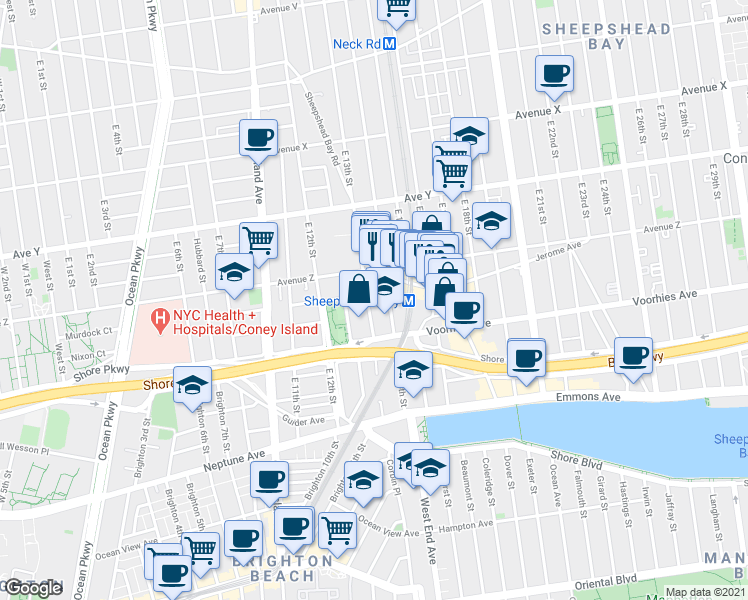 map of restaurants, bars, coffee shops, grocery stores, and more near 2630 East 13th Street in Brooklyn