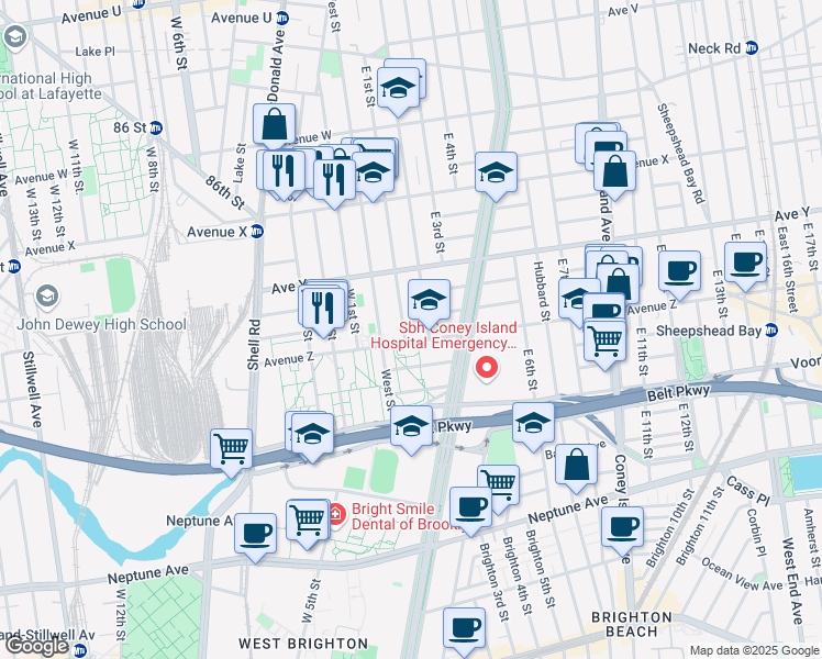 map of restaurants, bars, coffee shops, grocery stores, and more near 2568 East 2nd Street in Brooklyn