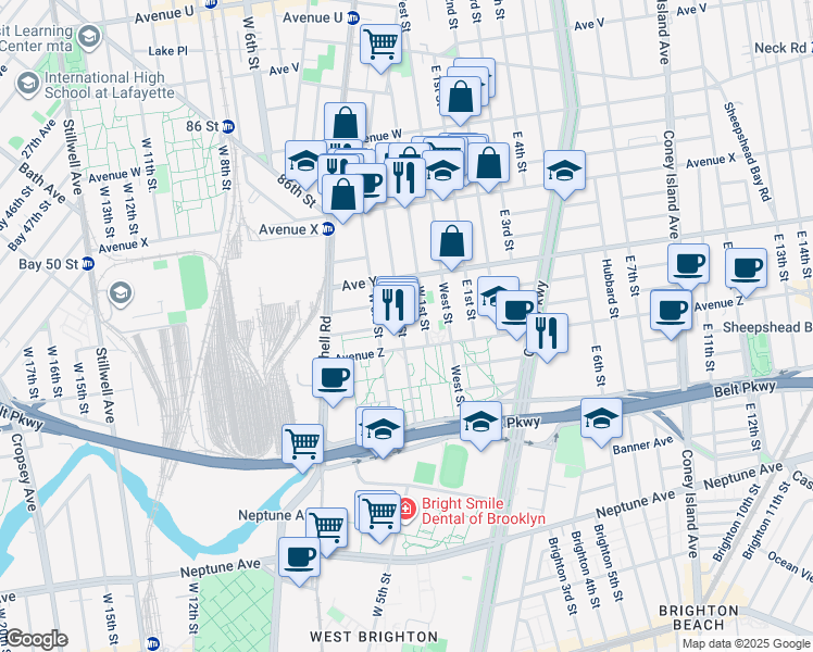 map of restaurants, bars, coffee shops, grocery stores, and more near 2525 West 2nd Street in Brooklyn
