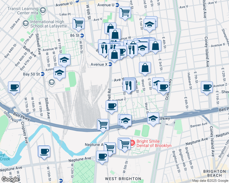 map of restaurants, bars, coffee shops, grocery stores, and more near 2665 Shell Road in Brooklyn