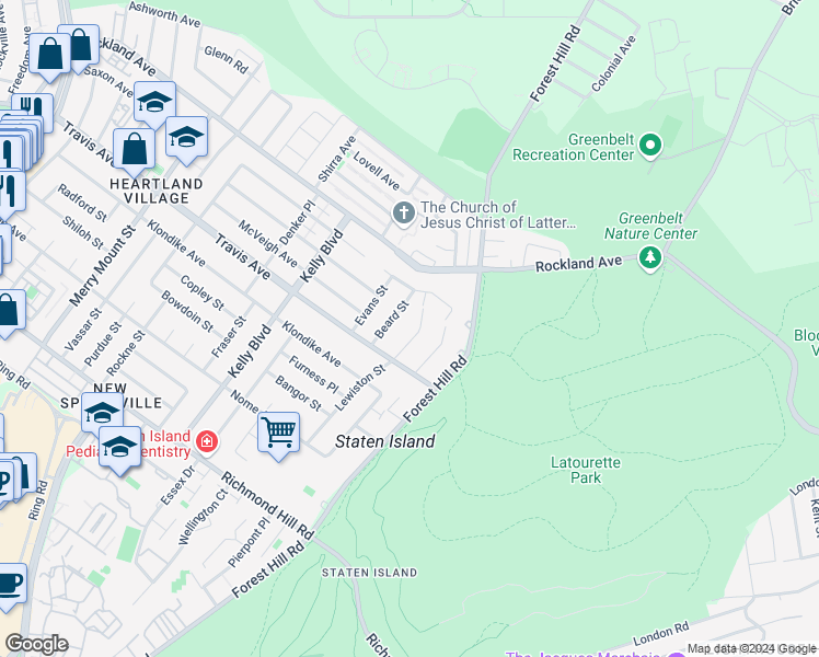 map of restaurants, bars, coffee shops, grocery stores, and more near 33 Lewiston Street in Staten Island