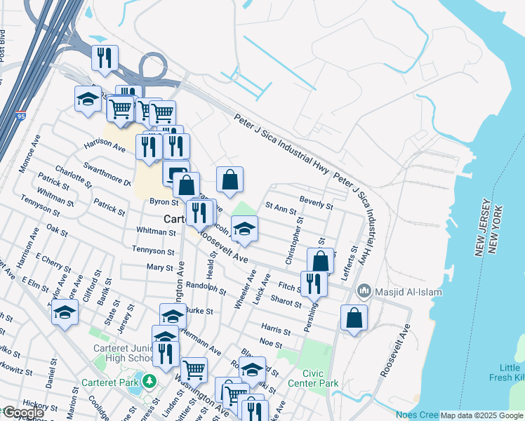 map of restaurants, bars, coffee shops, grocery stores, and more near 60 Hayward Avenue in Carteret