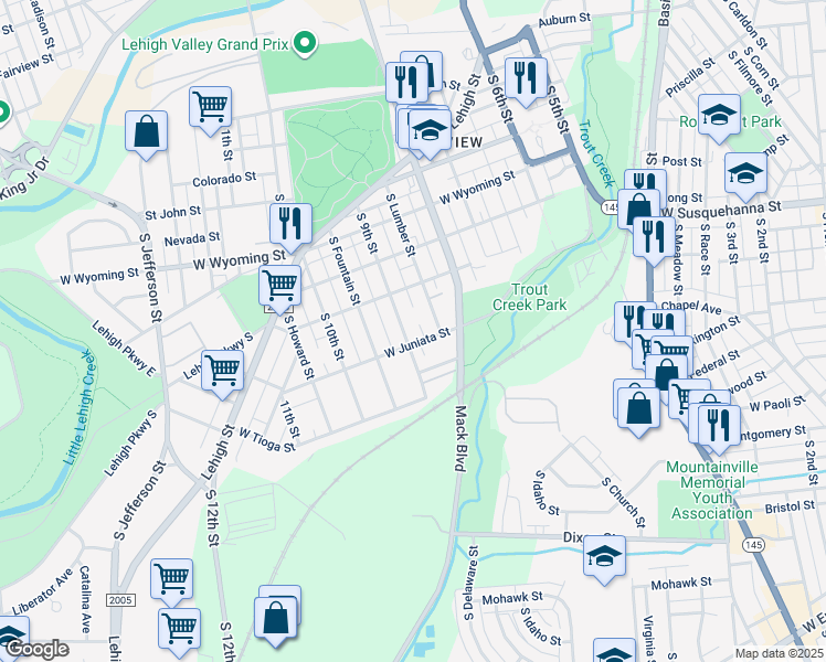 map of restaurants, bars, coffee shops, grocery stores, and more near 1231 South 9th Street in Allentown