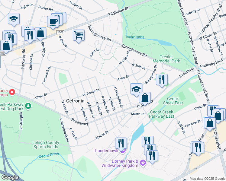 map of restaurants, bars, coffee shops, grocery stores, and more near 140 North Schaeffer Street in Allentown