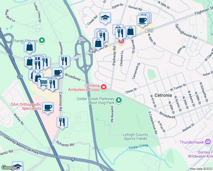 map of restaurants, bars, coffee shops, grocery stores, and more near 4211 Briarcliff Road in Allentown