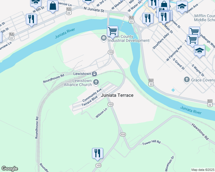 map of restaurants, bars, coffee shops, grocery stores, and more near 18 Terrace Boulevard in Lewistown