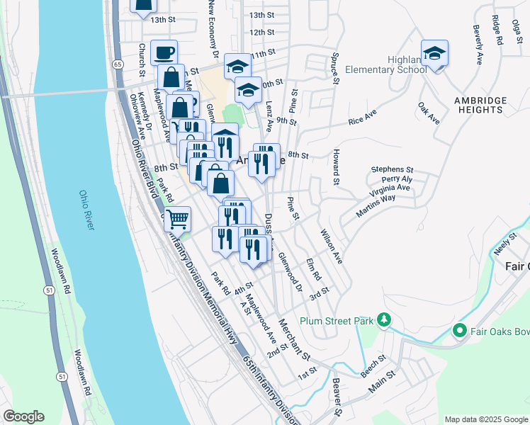map of restaurants, bars, coffee shops, grocery stores, and more near 533 Beaver Road in Ambridge