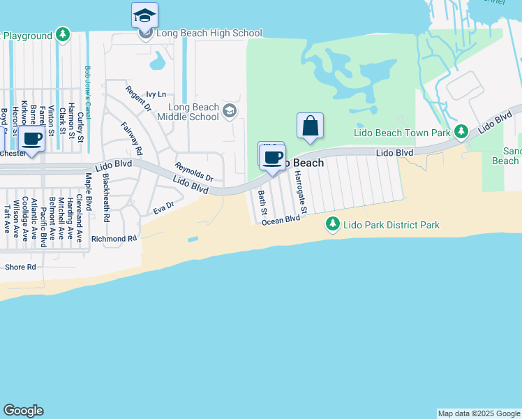 map of restaurants, bars, coffee shops, grocery stores, and more near 38 Bath Street in Lido Beach