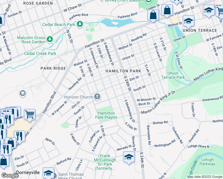 map of restaurants, bars, coffee shops, grocery stores, and more near 406 South 25th Street in Allentown