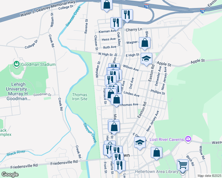 map of restaurants, bars, coffee shops, grocery stores, and more near 1188 Main Street in Hellertown