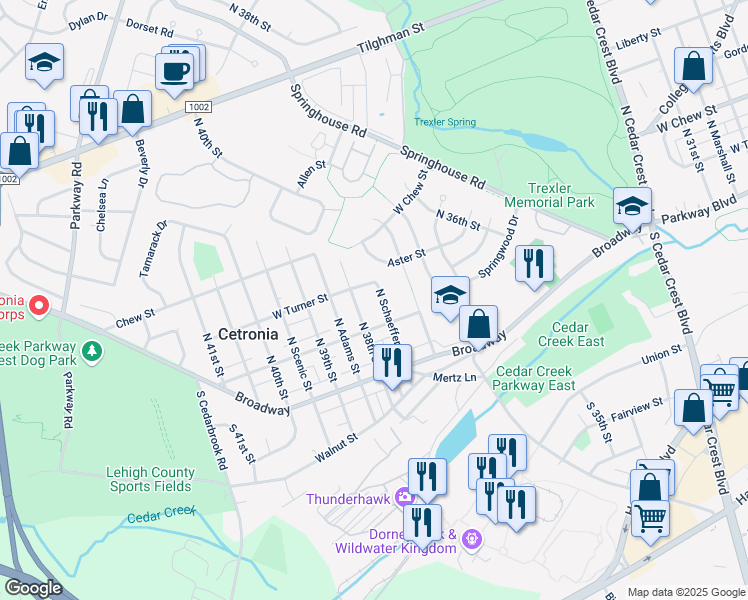 map of restaurants, bars, coffee shops, grocery stores, and more near 140 North Schaeffer Street in Allentown