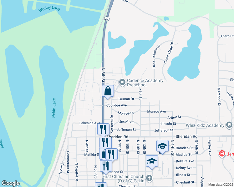 map of restaurants, bars, coffee shops, grocery stores, and more near 905 Eisenhower Drive in Pekin