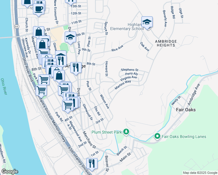 map of restaurants, bars, coffee shops, grocery stores, and more near 437 Lower Virginia Avenue in Ambridge