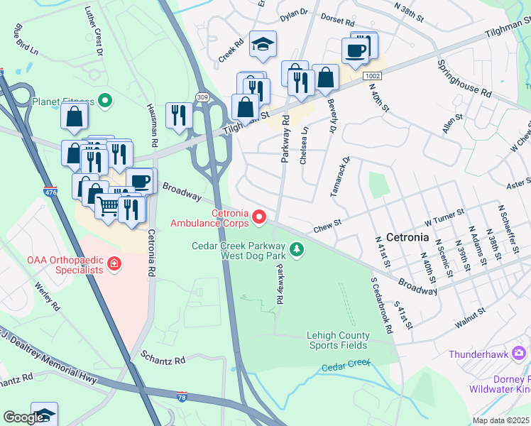 map of restaurants, bars, coffee shops, grocery stores, and more near 4211 Briarcliff Road in Allentown