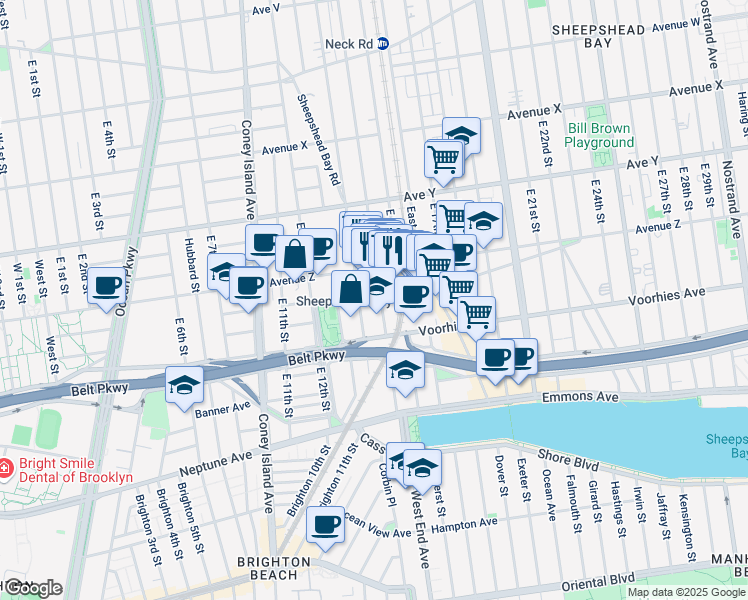 map of restaurants, bars, coffee shops, grocery stores, and more near 2630 East 13th Street in Brooklyn