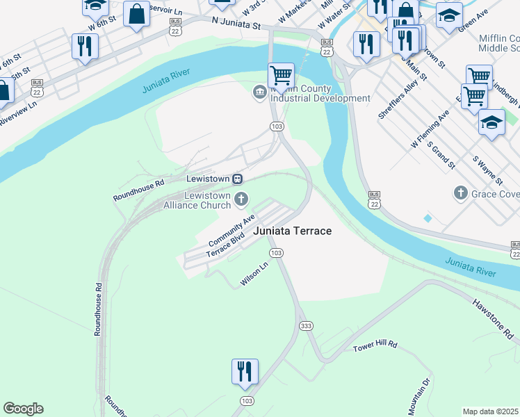 map of restaurants, bars, coffee shops, grocery stores, and more near 5 Hudson Avenue in Lewistown