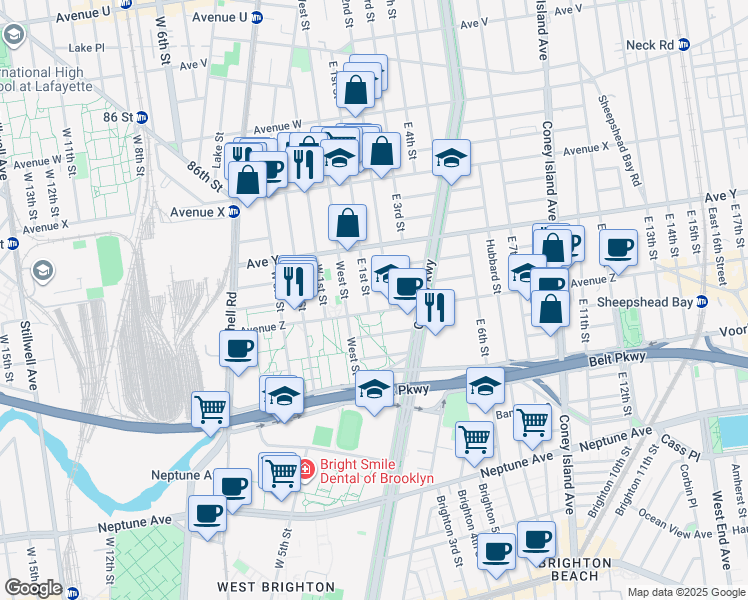 map of restaurants, bars, coffee shops, grocery stores, and more near 2571 East 1st Street in Brooklyn