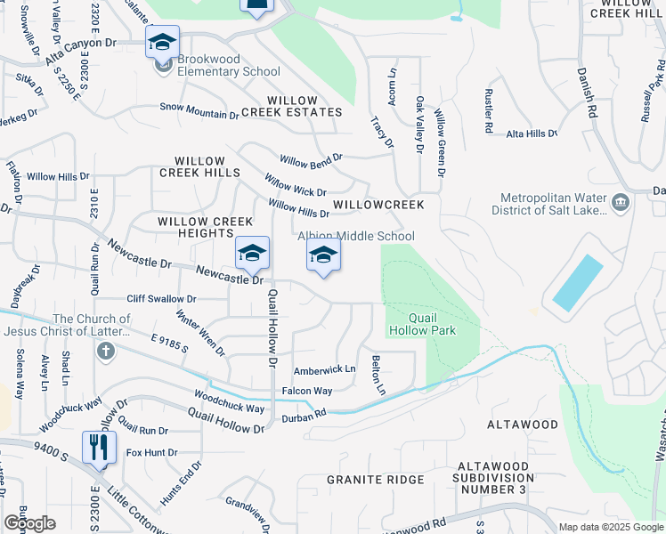 map of restaurants, bars, coffee shops, grocery stores, and more near 2755 South Newcastle Drive in Sandy