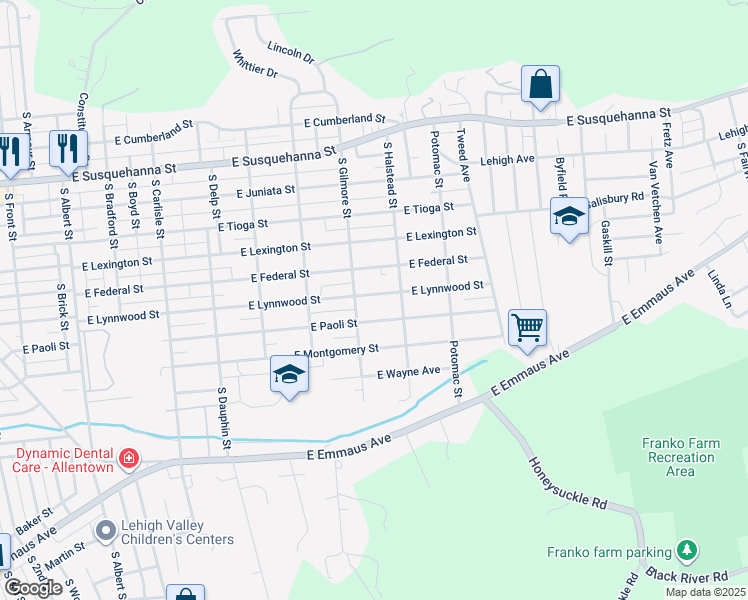map of restaurants, bars, coffee shops, grocery stores, and more near 712 East Lynnwood Street in Allentown