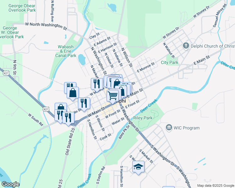 map of restaurants, bars, coffee shops, grocery stores, and more near 105 South Washington Street in Delphi