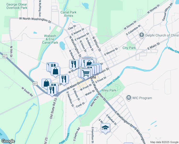 map of restaurants, bars, coffee shops, grocery stores, and more near 105 South Washington Street in Delphi