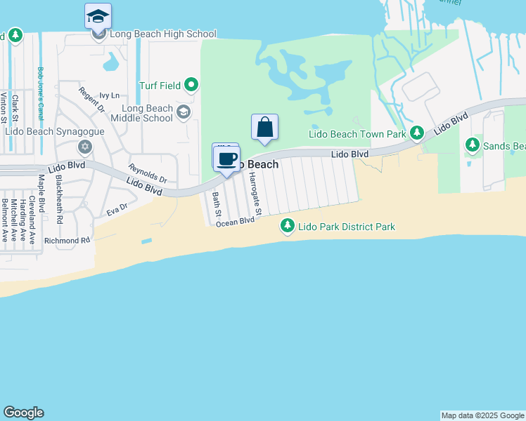 map of restaurants, bars, coffee shops, grocery stores, and more near 25 Harrogate Street in Lido Beach
