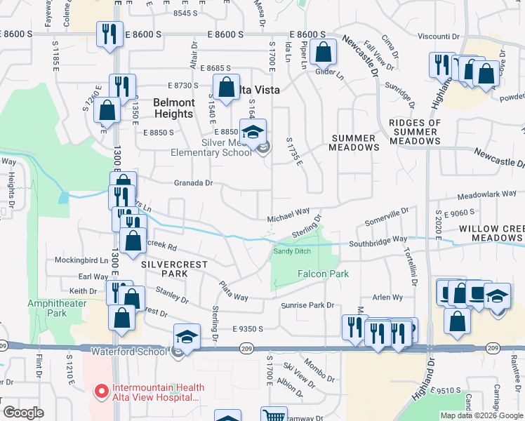 map of restaurants, bars, coffee shops, grocery stores, and more near 9051 South 1660 East in Sandy