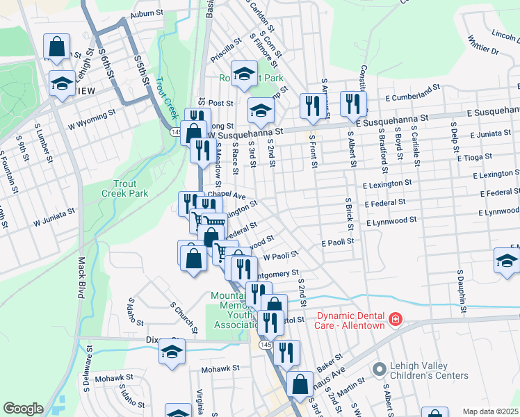 map of restaurants, bars, coffee shops, grocery stores, and more near 1510 Chapel Avenue in Allentown
