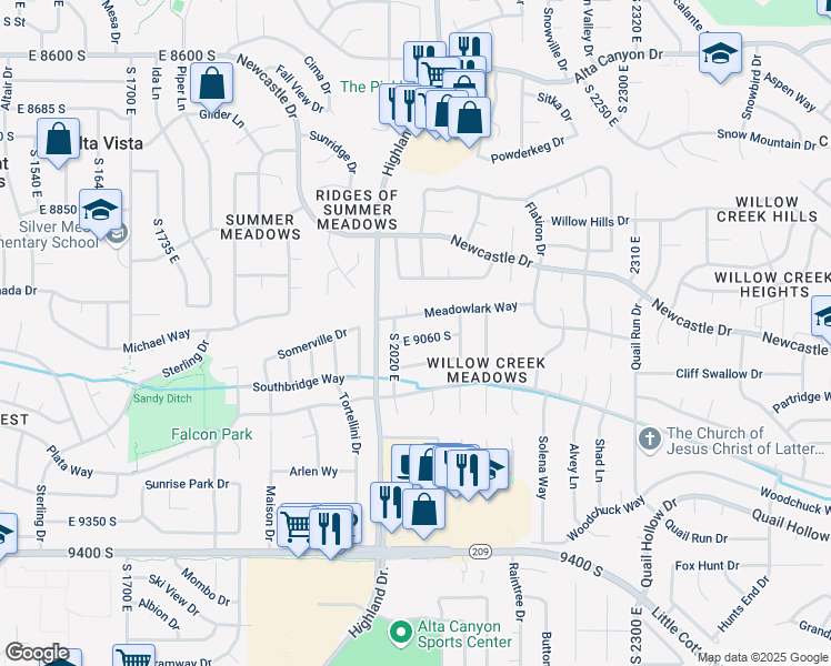 map of restaurants, bars, coffee shops, grocery stores, and more near 2047 East 9060 South in Sandy