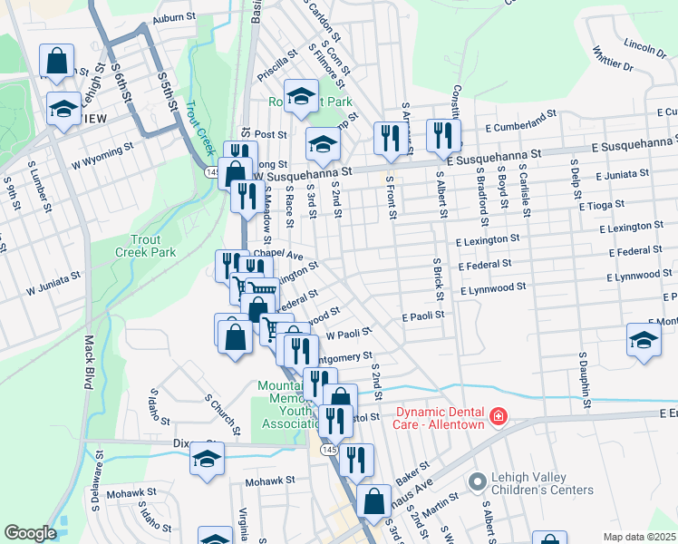 map of restaurants, bars, coffee shops, grocery stores, and more near 1510 Chapel Avenue in Allentown