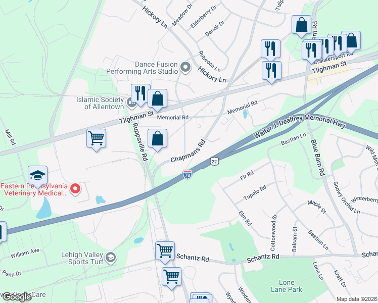 map of restaurants, bars, coffee shops, grocery stores, and more near 6374A Farm Bureau Road in Allentown