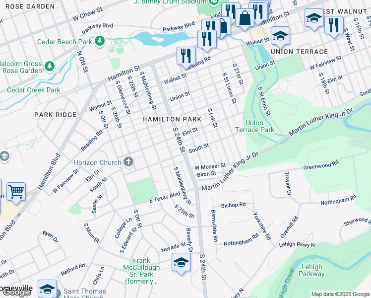 map of restaurants, bars, coffee shops, grocery stores, and more near 2341 South Street in Allentown
