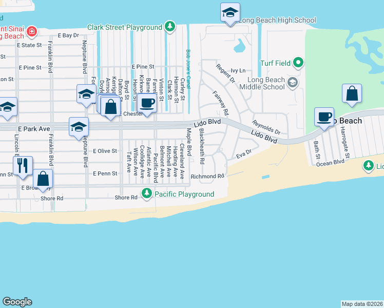 map of restaurants, bars, coffee shops, grocery stores, and more near 130 Maple Boulevard in Long Beach