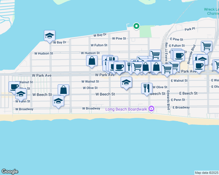 map of restaurants, bars, coffee shops, grocery stores, and more near 257 West Olive Street in Long Beach