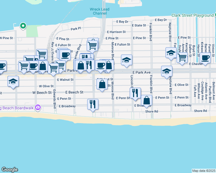 map of restaurants, bars, coffee shops, grocery stores, and more near 260 East Olive Street in Long Beach