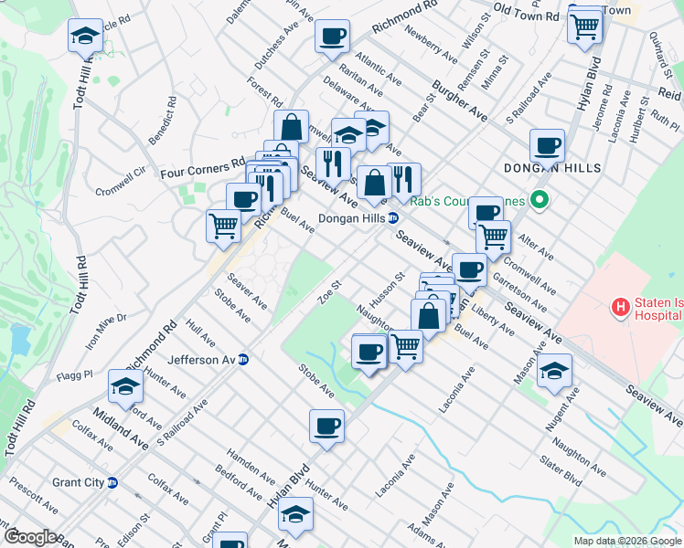 map of restaurants, bars, coffee shops, grocery stores, and more near 55 Zoe Street in Staten Island