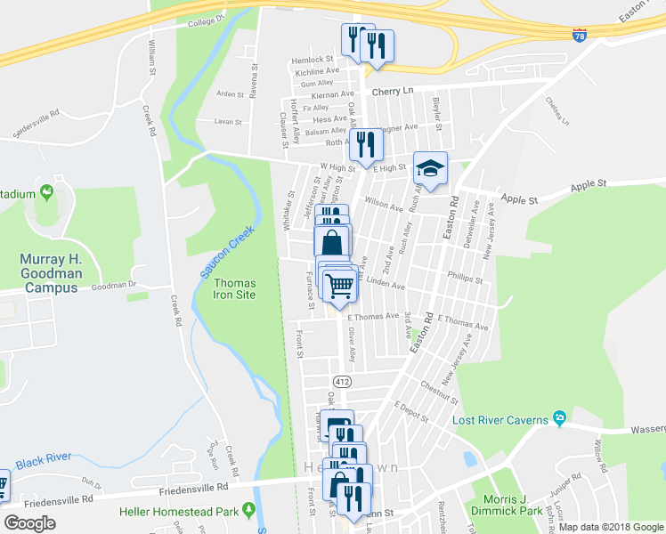 map of restaurants, bars, coffee shops, grocery stores, and more near 1188 Main Street in Hellertown