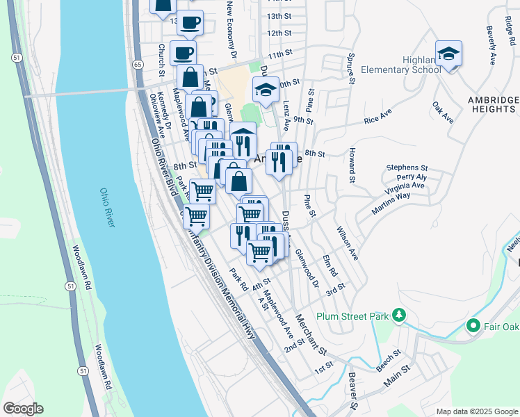 map of restaurants, bars, coffee shops, grocery stores, and more near 404 6th Street in Ambridge