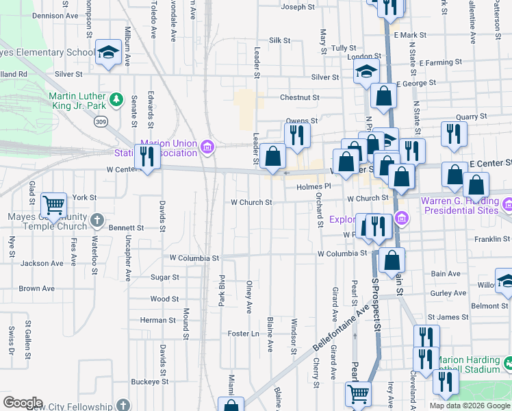 map of restaurants, bars, coffee shops, grocery stores, and more near 425 West Church Street in Marion