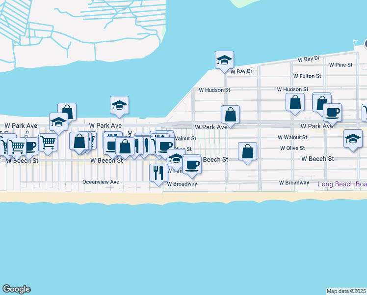 map of restaurants, bars, coffee shops, grocery stores, and more near 255 Grand Boulevard in Long Beach