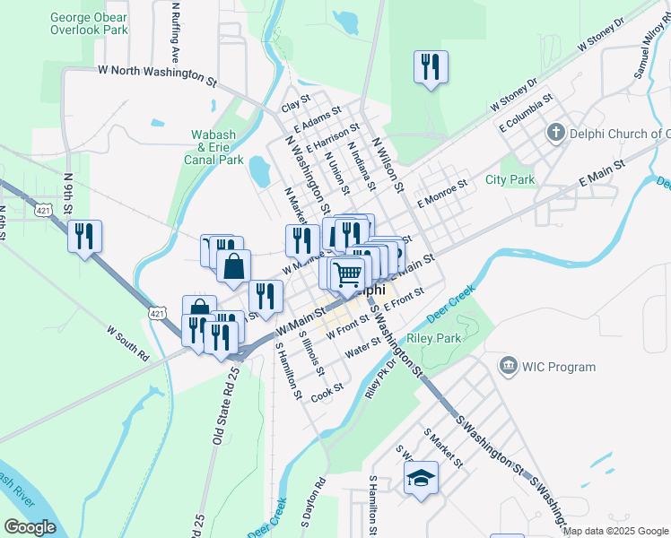 map of restaurants, bars, coffee shops, grocery stores, and more near 198 North Market Street in Delphi