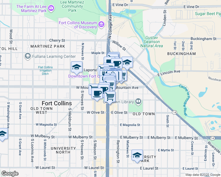 map of restaurants, bars, coffee shops, grocery stores, and more near 115 East Mountain Avenue in Fort Collins