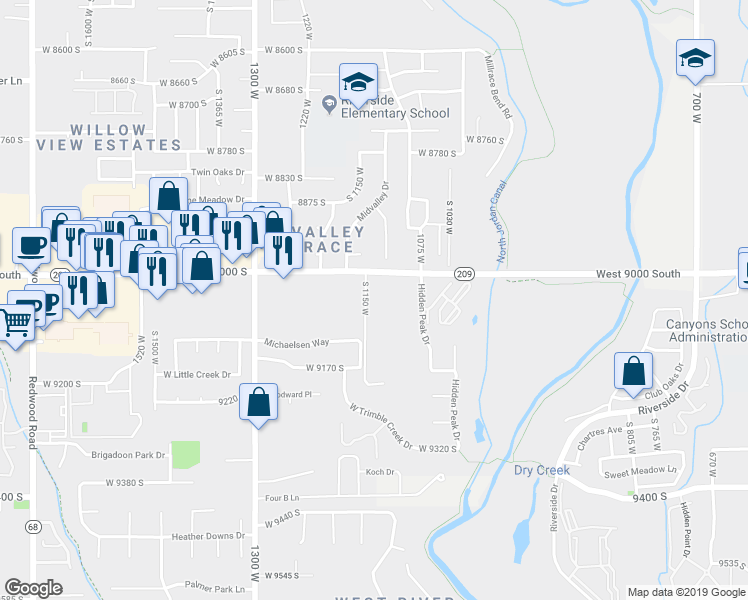 map of restaurants, bars, coffee shops, grocery stores, and more near 9053 S 1150 W in West Jordan