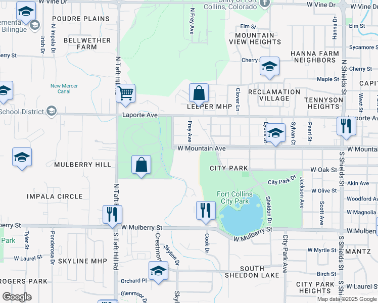 map of restaurants, bars, coffee shops, grocery stores, and more near 1801 West Mountain Avenue in Fort Collins
